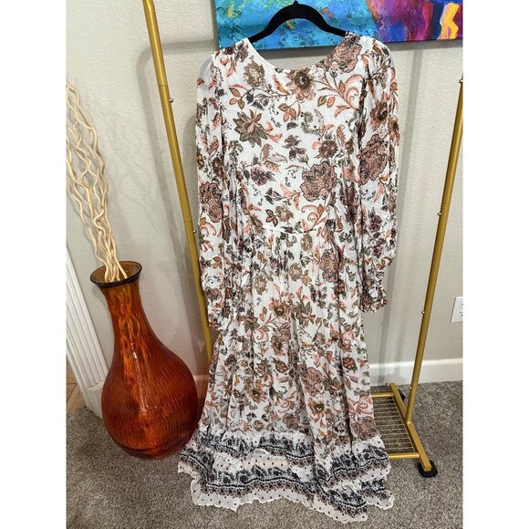 Anthropologie Pink and Tan Smocked Maxi Dress with Bishop Sleeves - Picture 7 of 8